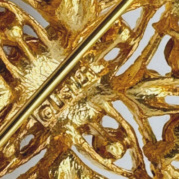 Vtg Lisner Gold Tone Brooch Pin Blue Rhinestone Floral Design 1.75" Wide - Picture 4 of 7